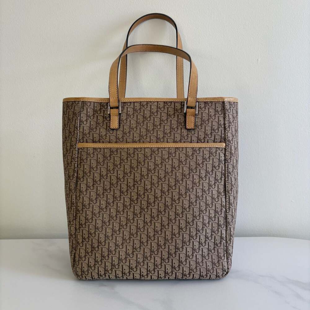 Christian Dior Vintage Trotter Monogram Canvas Tote Bag Brown via Leather Trim